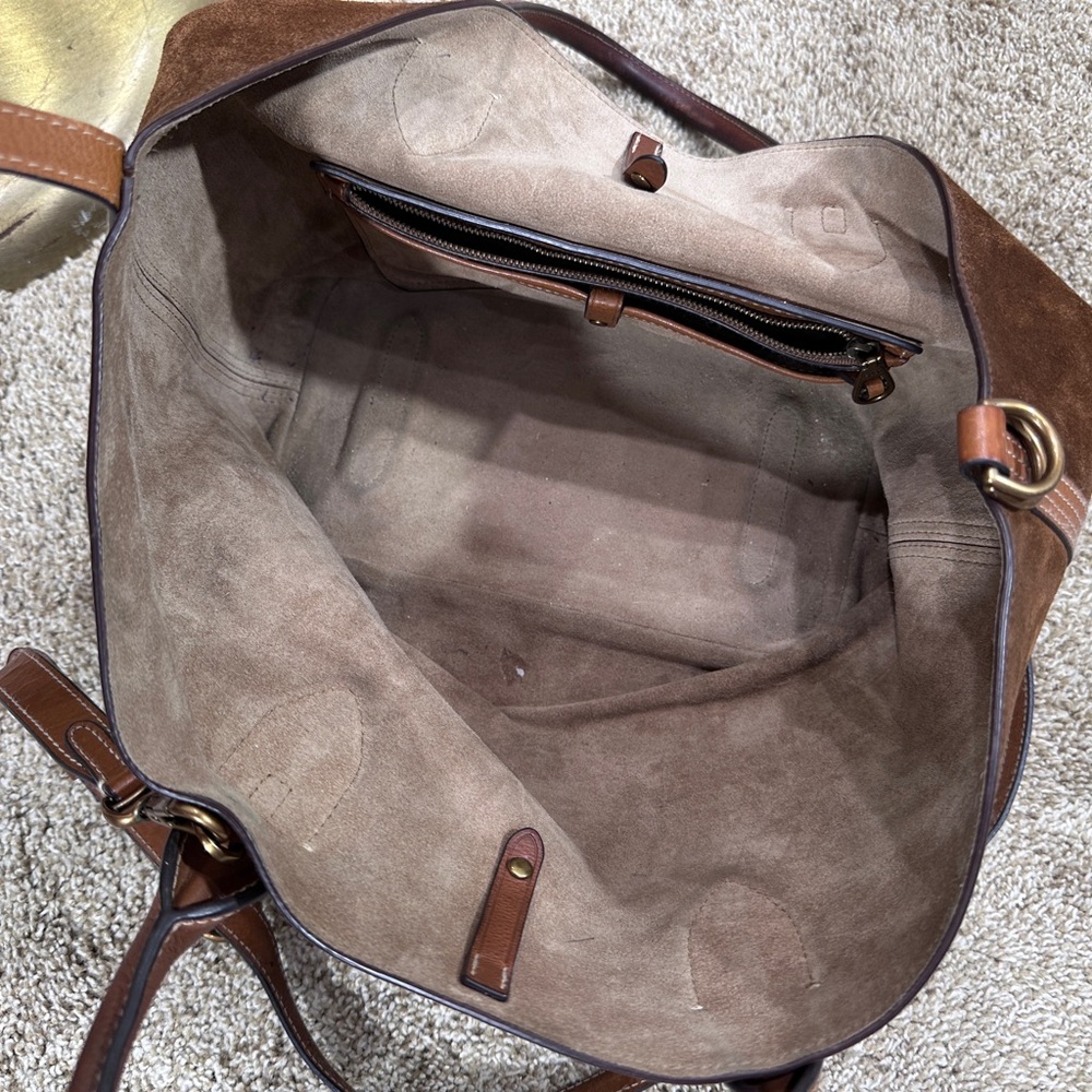 Polo Ralph Lauren Bellport Suede Leather Medium Tote Bag Brown Adjustable Strap - Picture 15 of 16